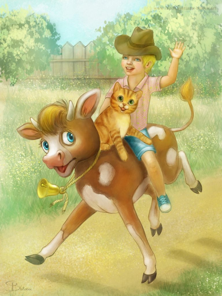 Иллюстрация мальчик верхом на теленке. 